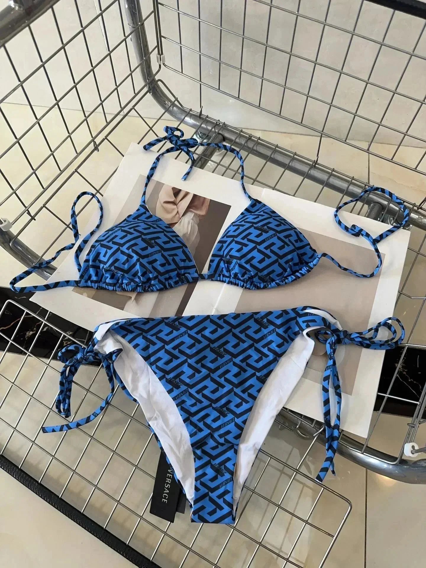 Versace Swimwear Triangle string bikini set with baroque and chain prints — 39