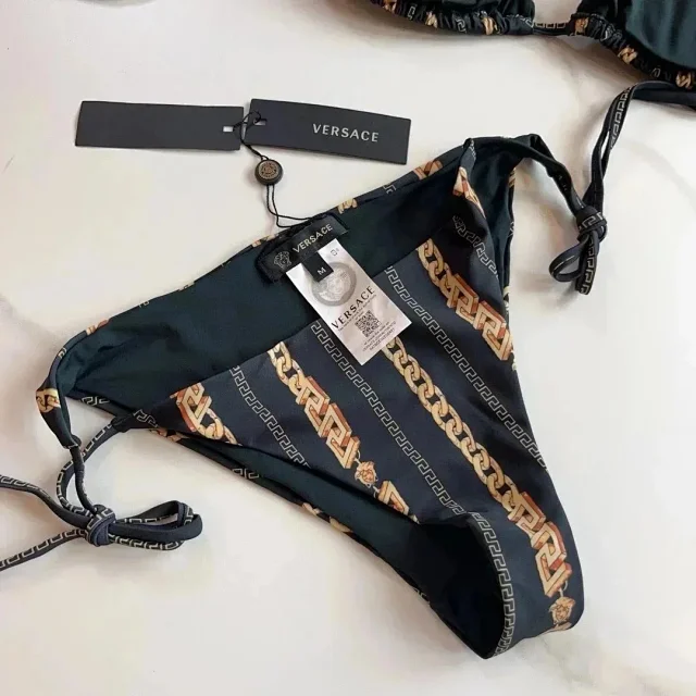 Versace Swimwear Triangle string bikini set with baroque and chain prints product detail image 8