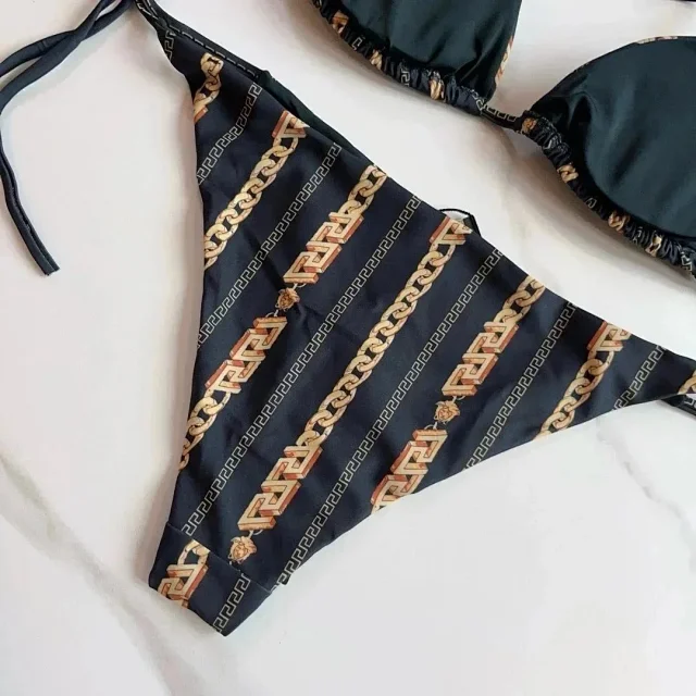 Versace Swimwear Triangle string bikini set with baroque and chain prints product detail image 6