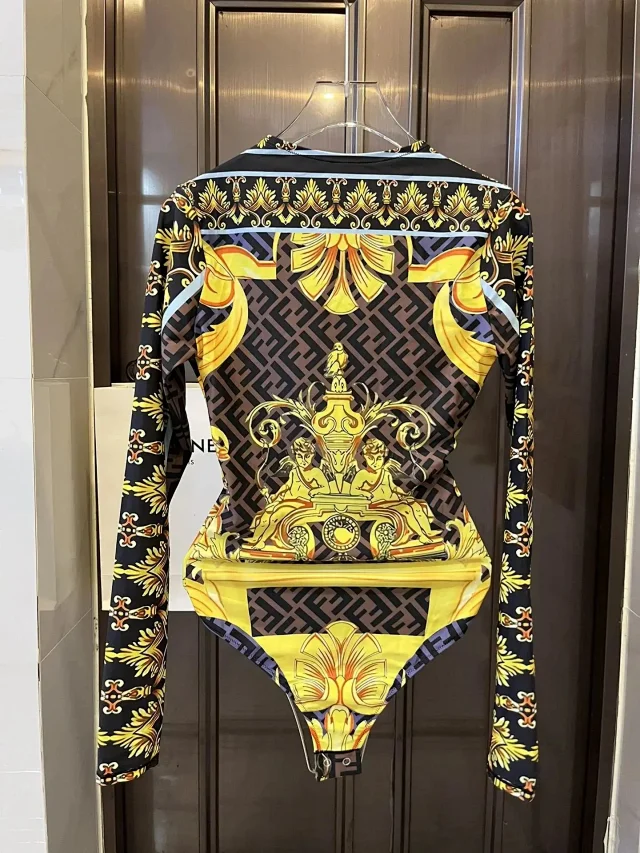 Versace Swimwear Triangle string bikini set with baroque and chain prints product detail image 26