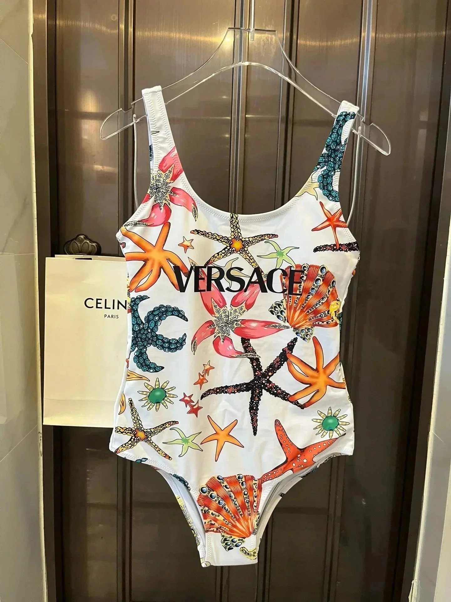 Versace Swimwear Triangle string bikini set with baroque and chain prints — 23
