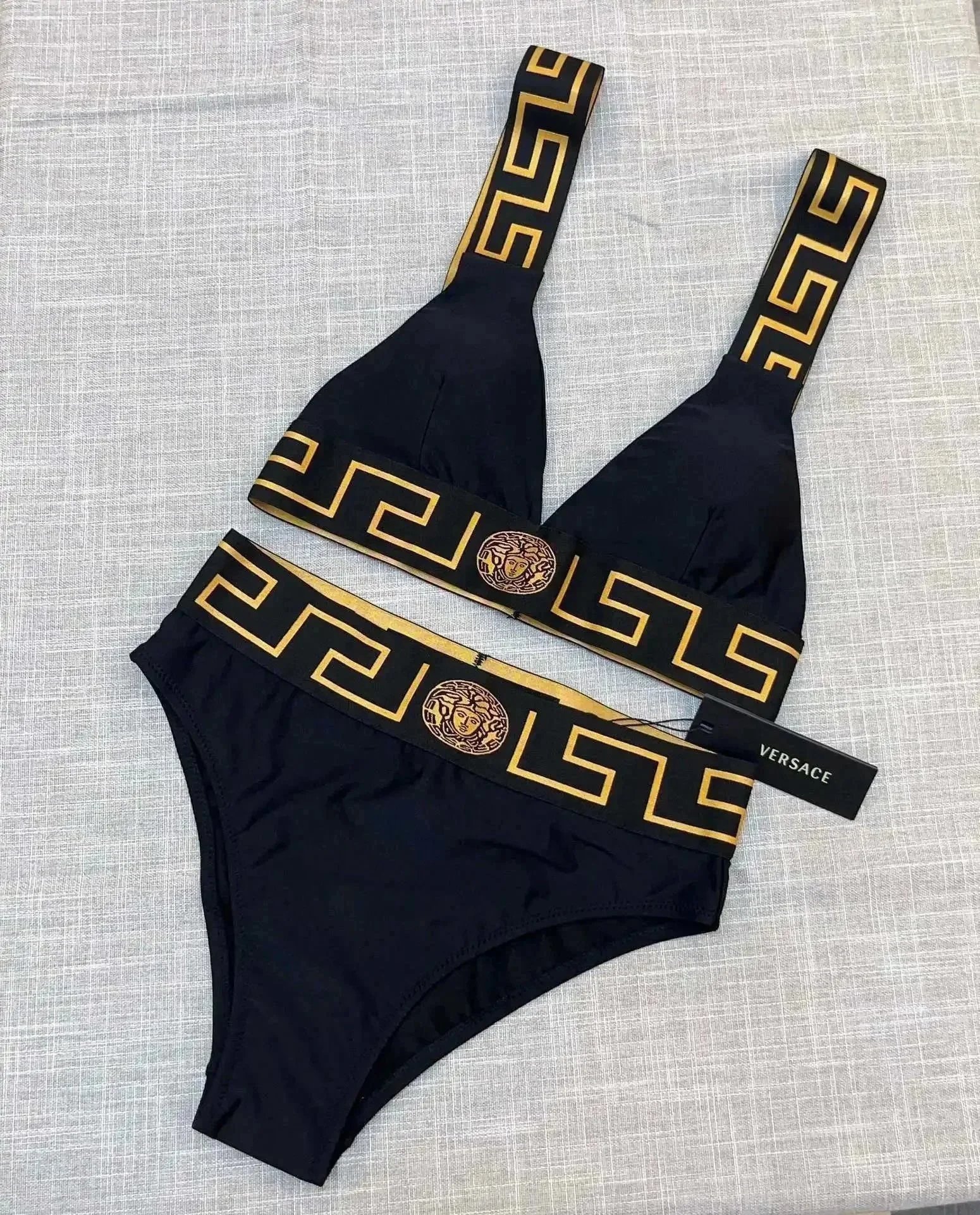 Versace Swimwear Triangle string bikini set with baroque and chain prints — 29