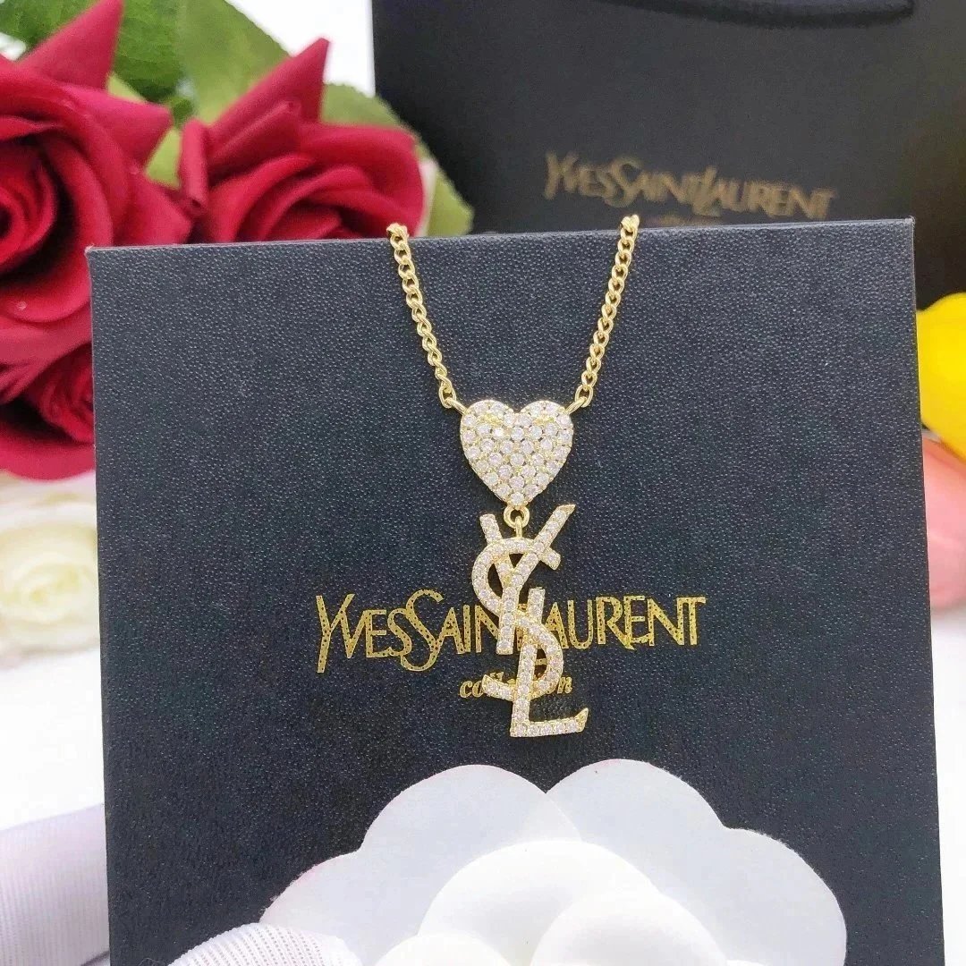 Yves Saint Laurent Monogram Heart Pendant Necklace [2 styles]