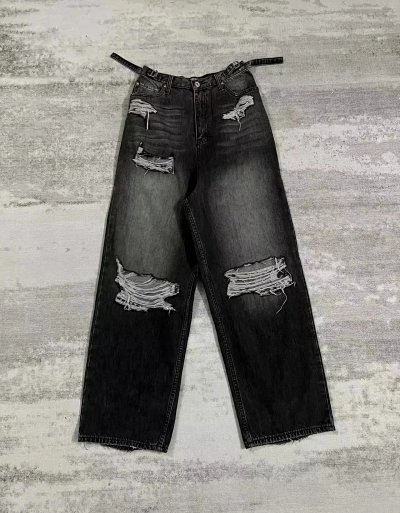 Black Distressed Wide-Leg Ripped Jeans [1 style]