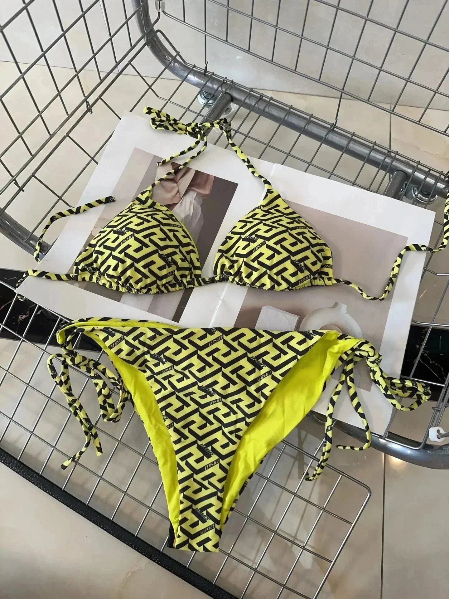 Versace Swimwear Triangle string bikini set with baroque and chain prints — 38
