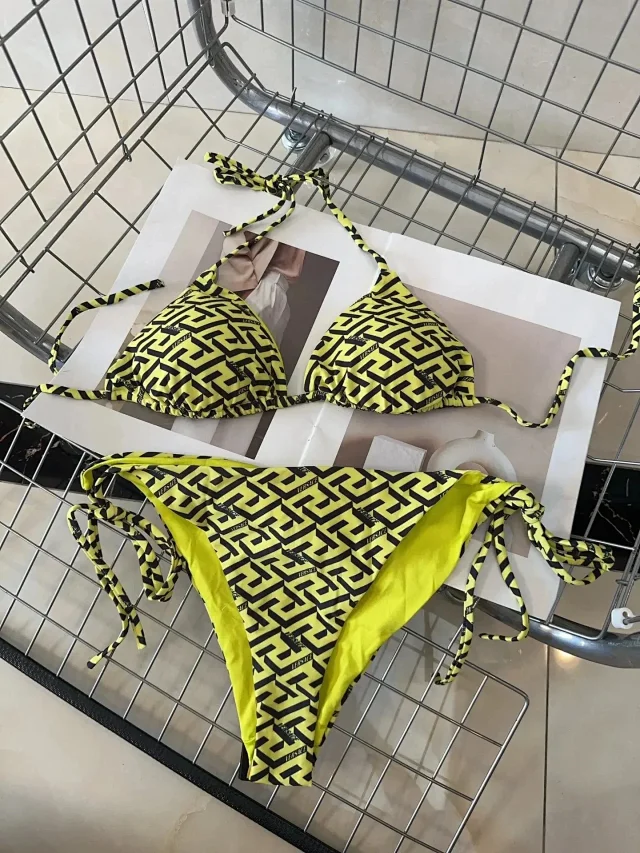 Versace Swimwear Triangle string bikini set with baroque and chain prints product detail image 45
