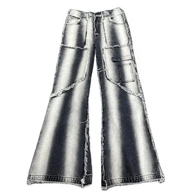 Distressed Wide-Leg Flared Denim Jeans