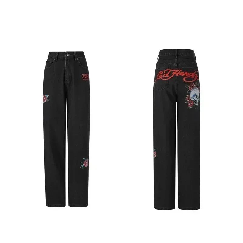 Ed Hardy Jeans Skull Roses Embroidery Black