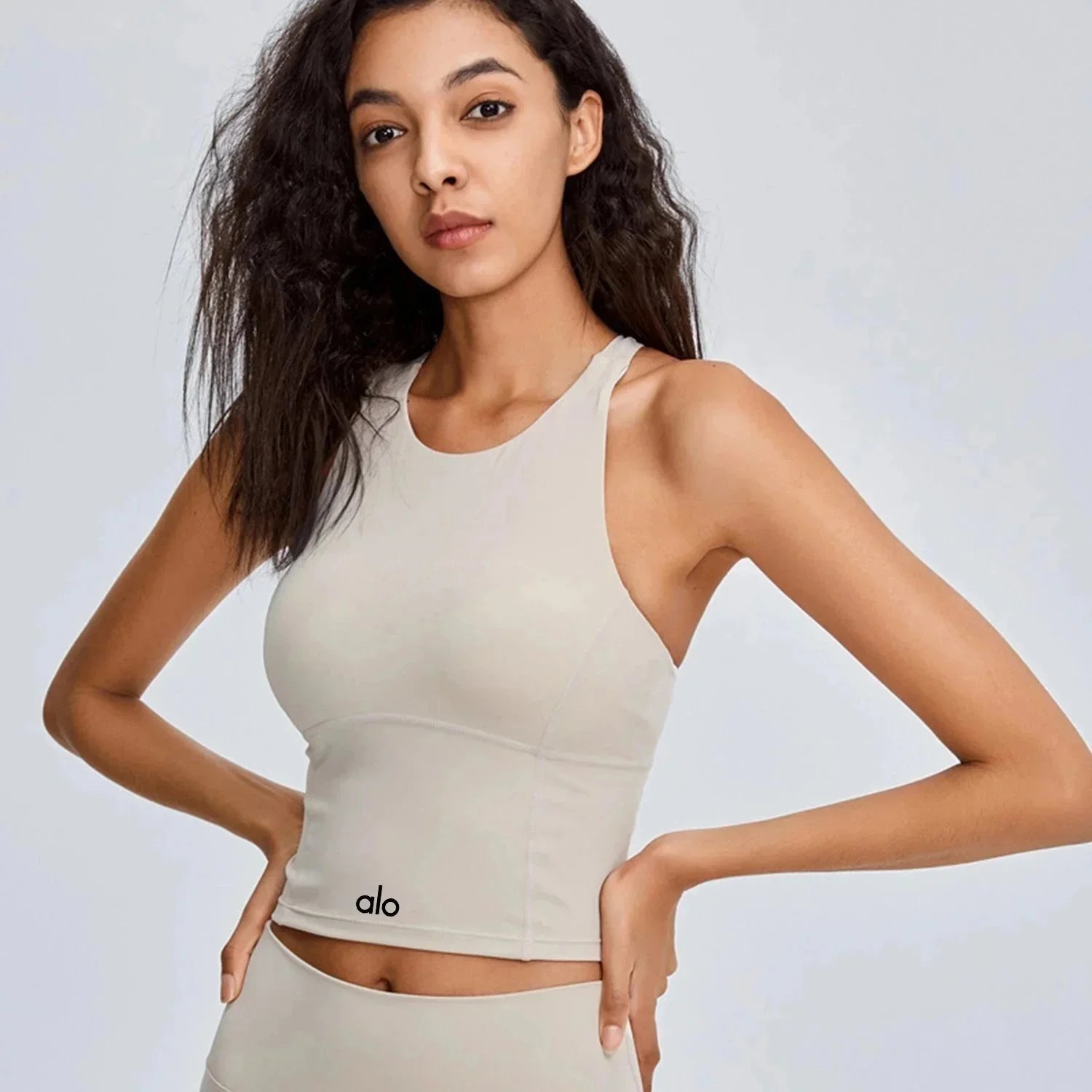 Alo Underwear Longline sports bra with racerback-style shoulder cut — Beige