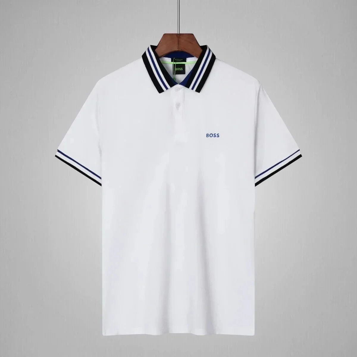 BOSS T-Shirts Short-Sleeve Polo Shirt with Contrast-Striped Collar and Placket — 21