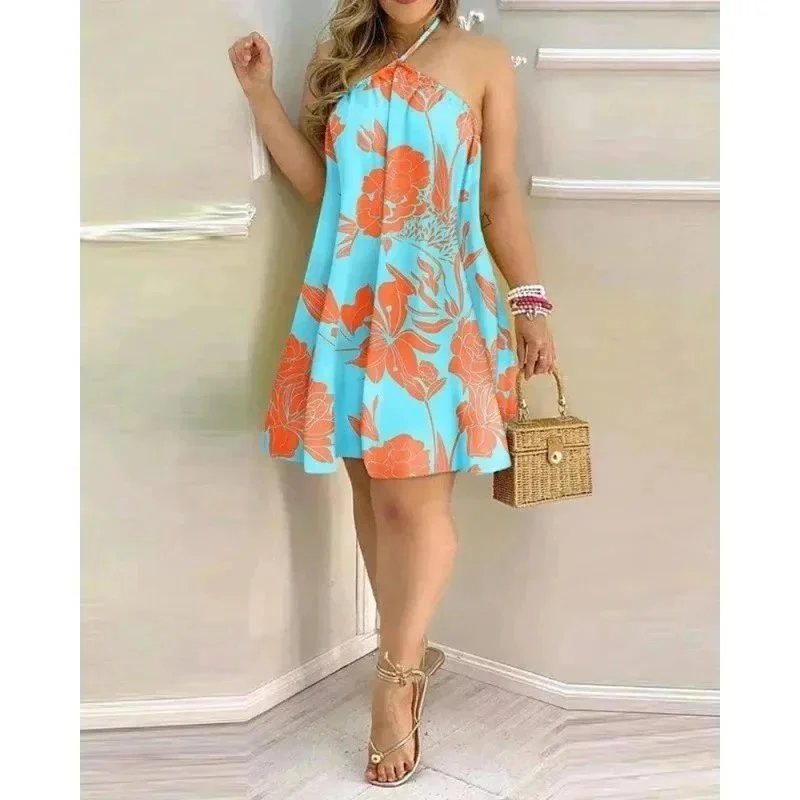 Unbranded Dresses Halter Neck Printed Swing Dress — Orange flower