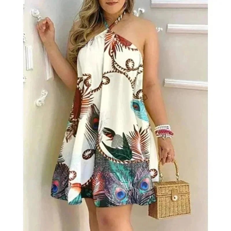 Unbranded Dresses Halter Neck Printed Swing Dress — Peacock flower