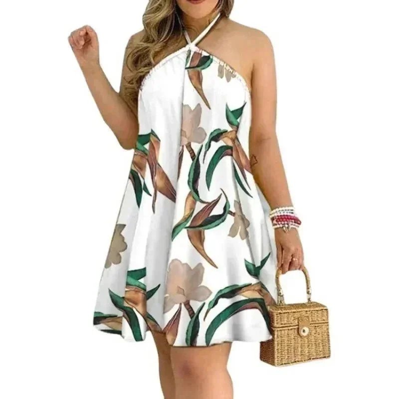 Unbranded Dresses Halter Neck Printed Swing Dress — White background, green