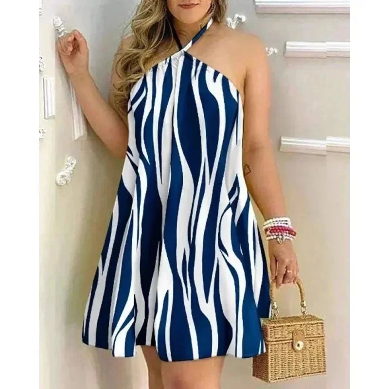 Unbranded Dresses Halter Neck Printed Swing Dress — Blue