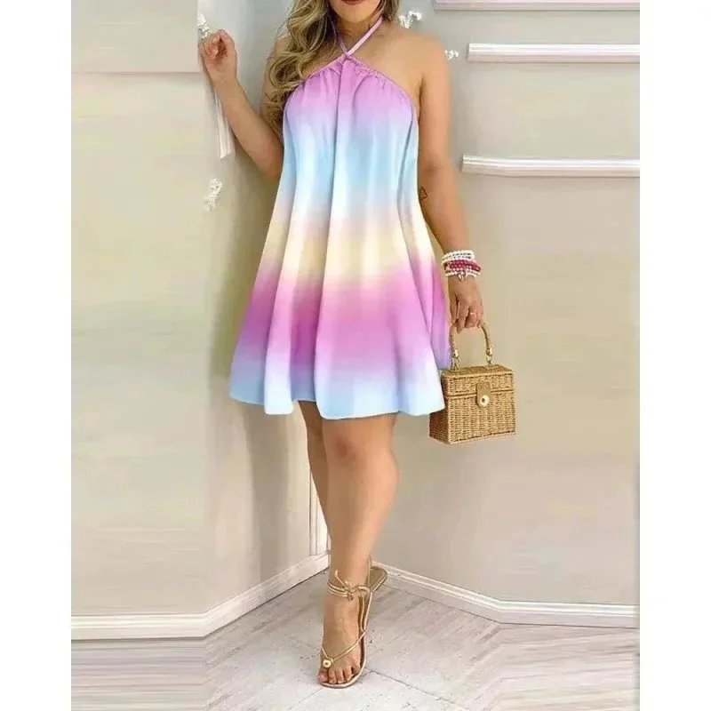 Unbranded Dresses Halter Neck Printed Swing Dress — Gradient pink