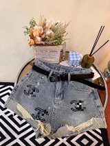 Chanel CC Logo Distressed Denim Shorts