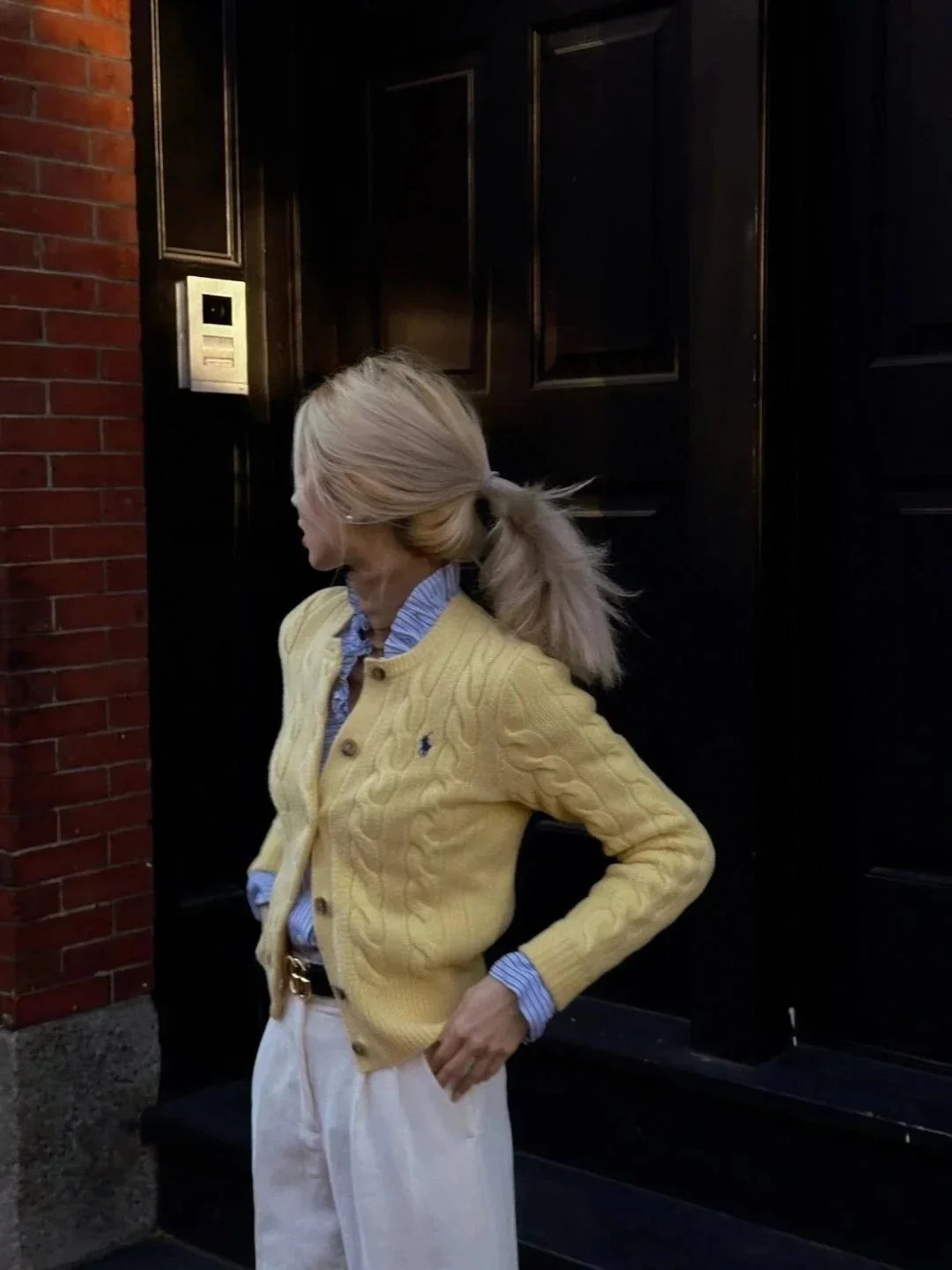 Ralph Lauren Knitwear Cable-Knit Button Cardigan with Embroidered Pony — Yellow