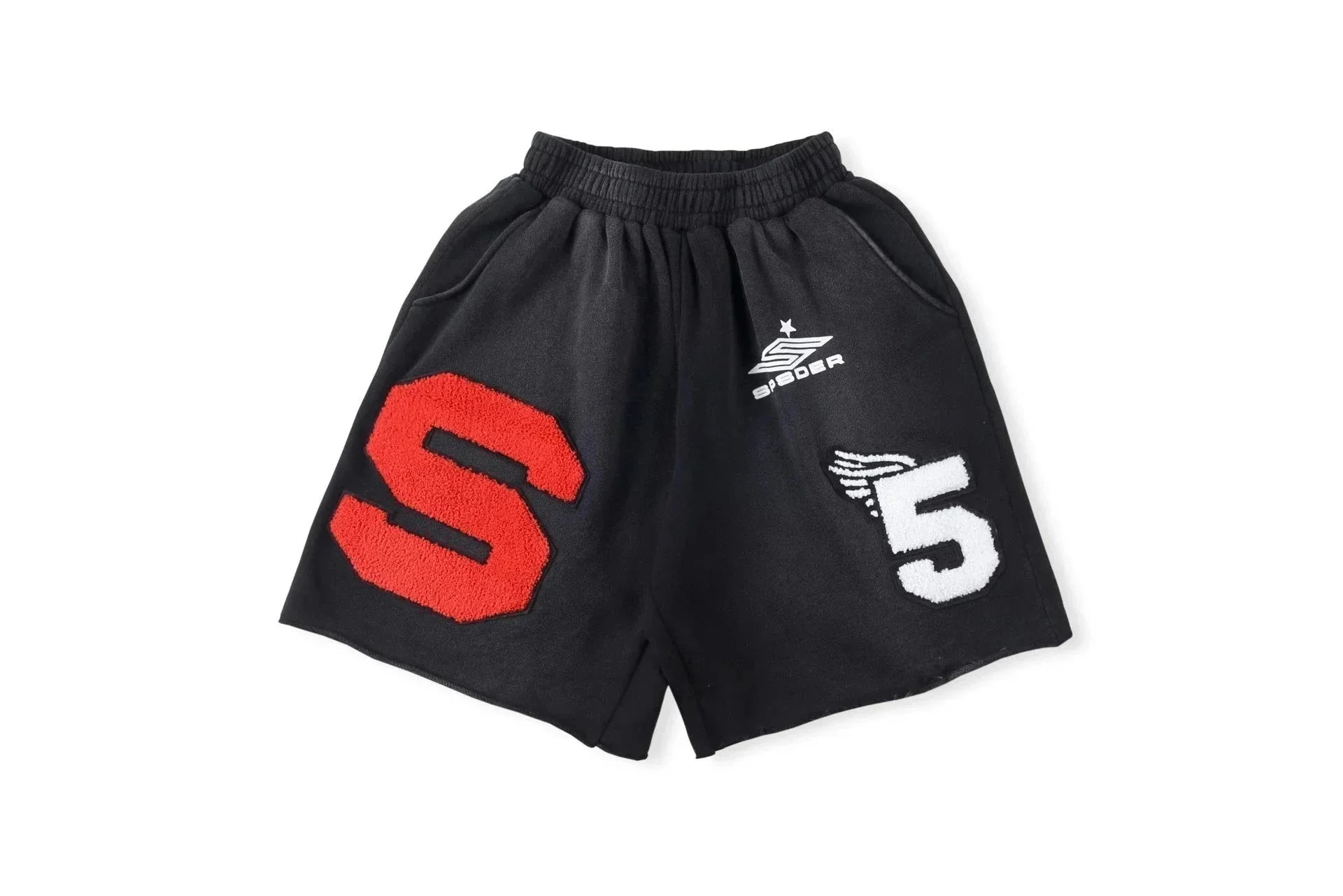 Sp5der Shorts Elastic-Waist Chenille Number Patch — 02