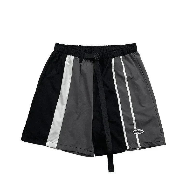 Unbranded Shorts Color-block striped with webbing belt — V1
