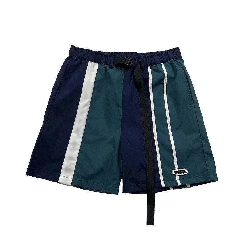 Unbranded Shorts Color-block striped with webbing belt — V4