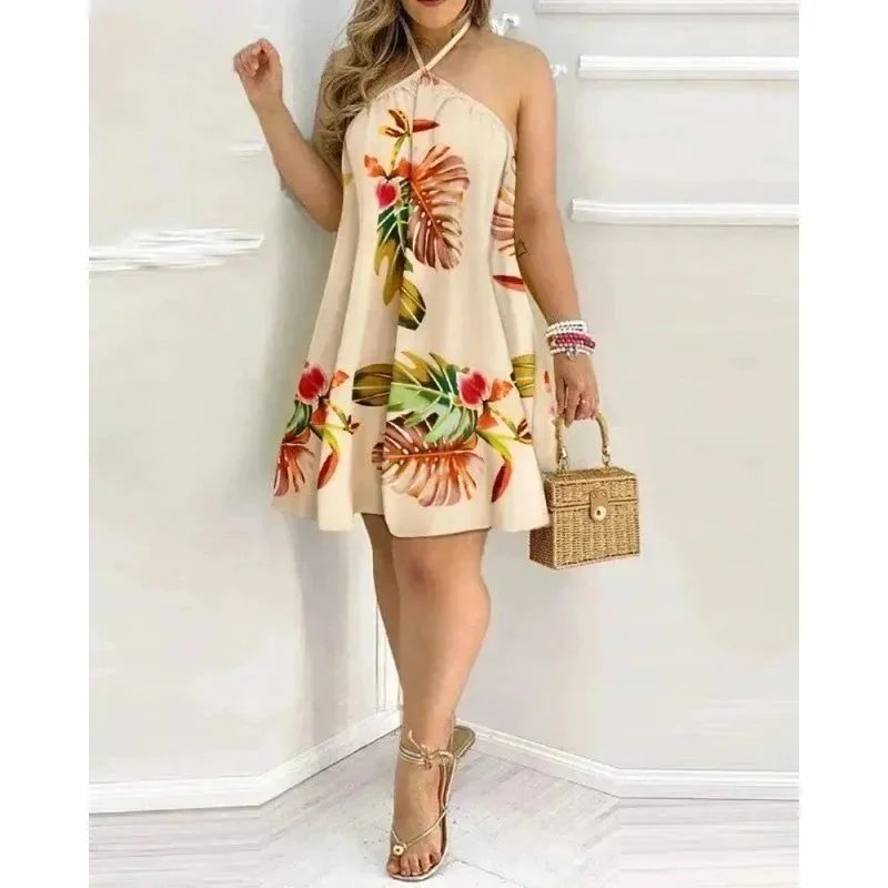 Unbranded Dresses Halter Neck Printed Swing Dress — Banana leaf