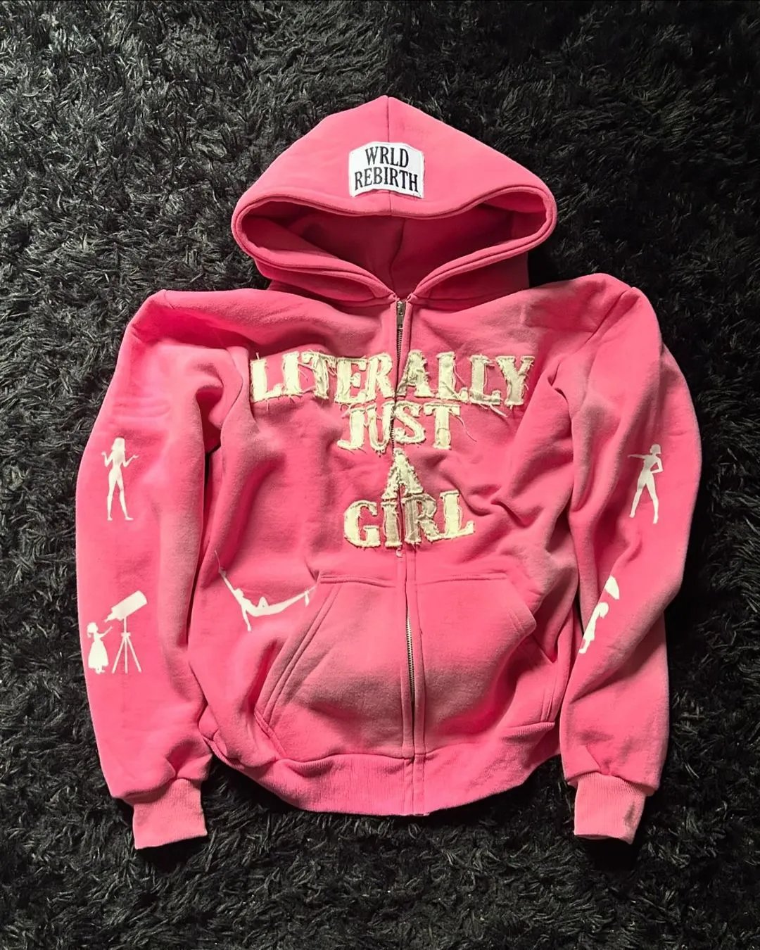 Other Hoodie Literally Just A Girl Letter Patchwork Zip-Up Pink