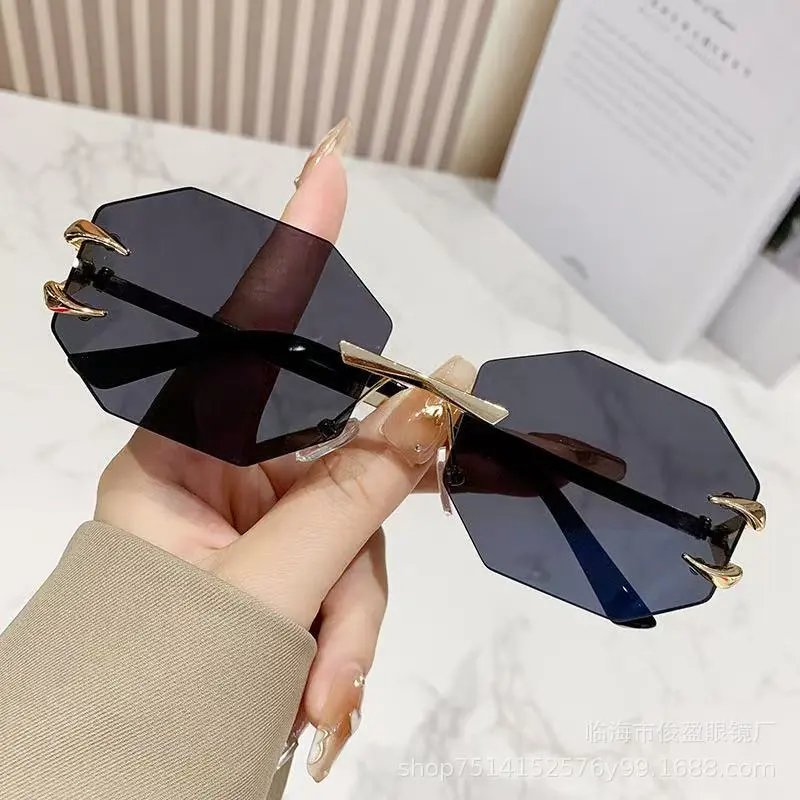 Unbranded Octagonal Rimless Metal Sunglasses Gold Grey Gradient