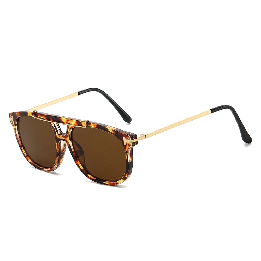 Other Rectangle Double-Bridge Acetate Metal Sunglasses Tortoise Brown