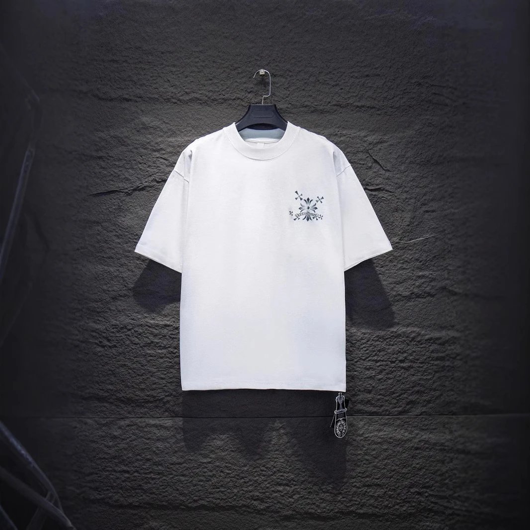 Black Cotton T-Shirt White Floral Embroidery Streetwear