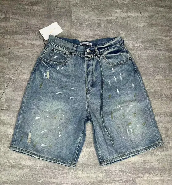 Acne Studios Paint-Splatter Distressed Denim Shorts Blue - 1