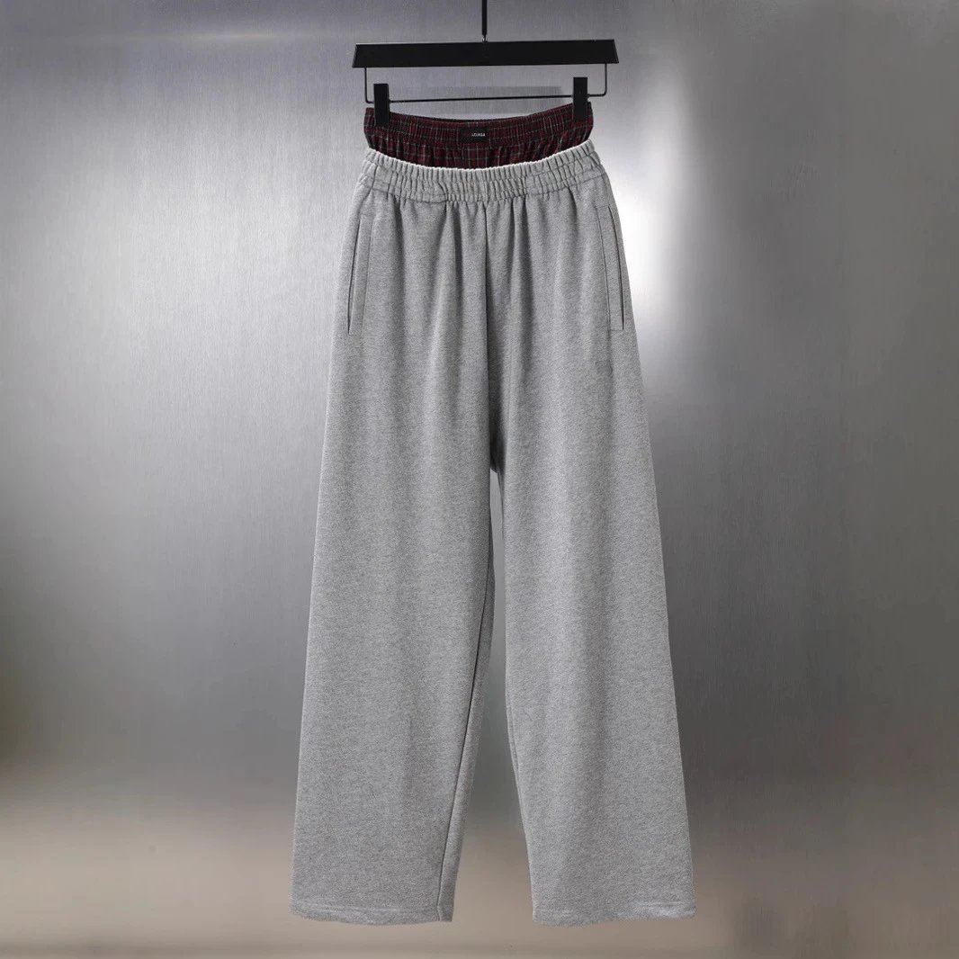 Plaid Button Patchwork Faux Two-Piece Embroidered Pants Loose Fit Unisex