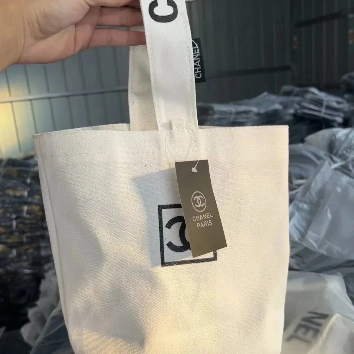 Chanel Logo Tote Bag Black Canvas - 6