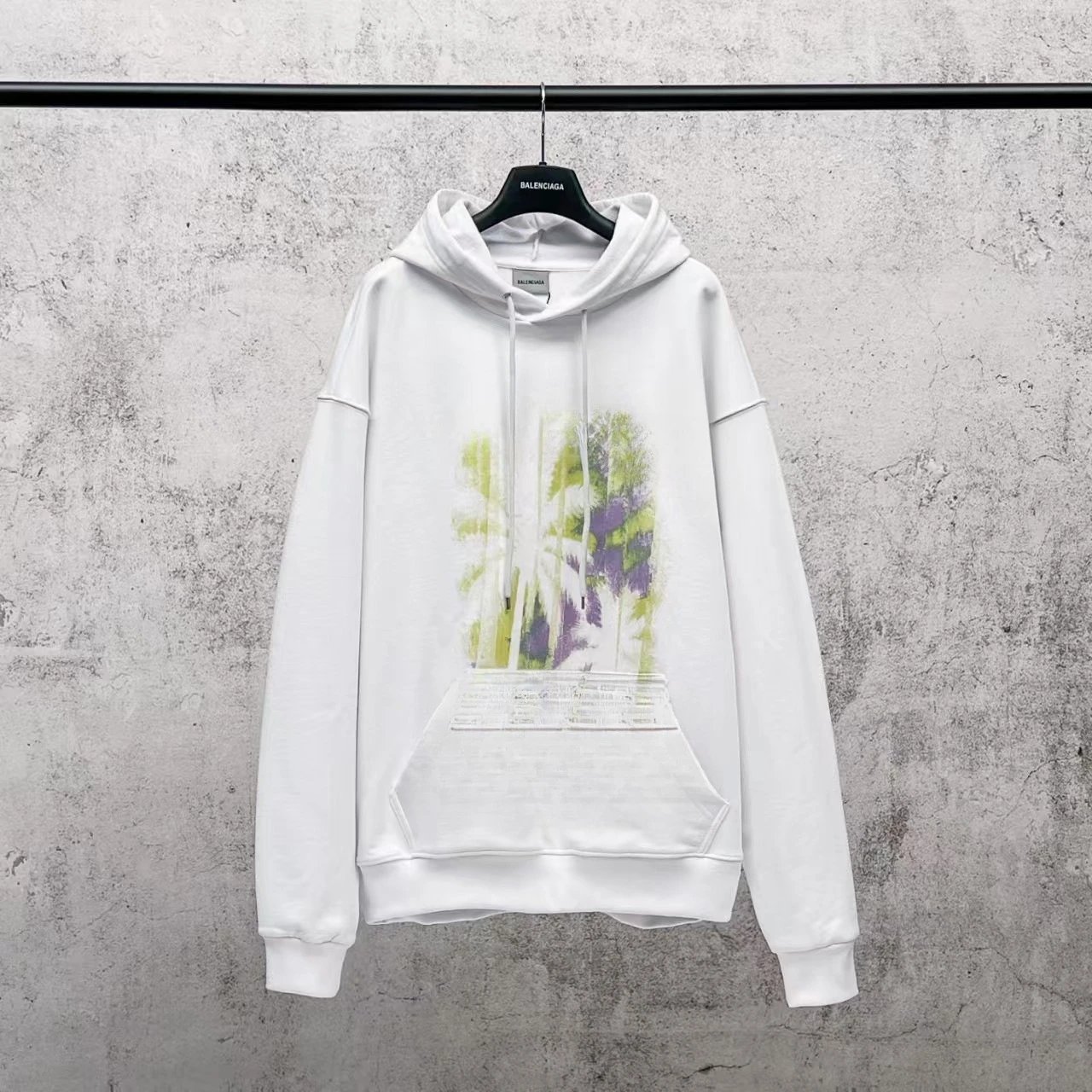 White Hooded Sweatshirt Blue Brushstroke Sleeve Streetwear