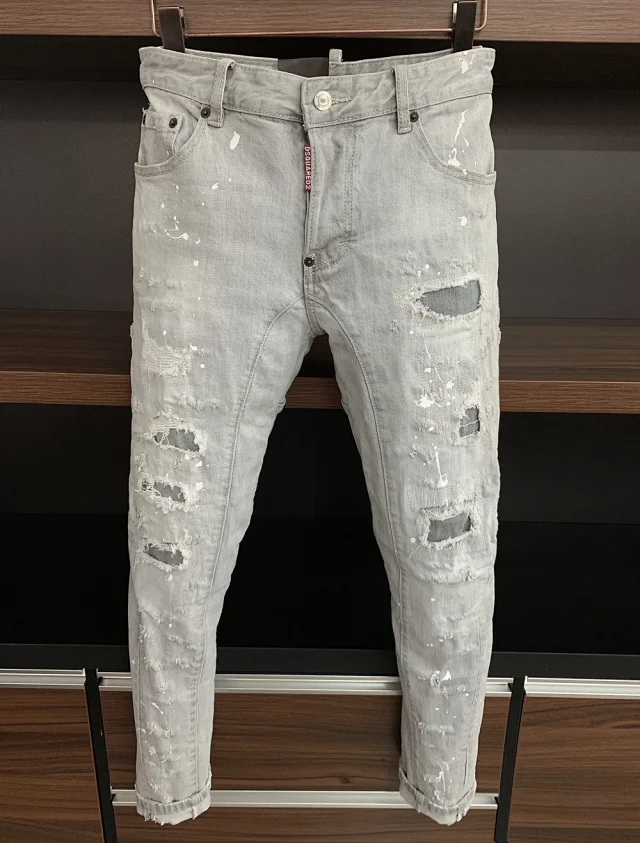 Dsquared2 Paint-Splatter Distressed Slim Fit Light Gray Jeans - 1