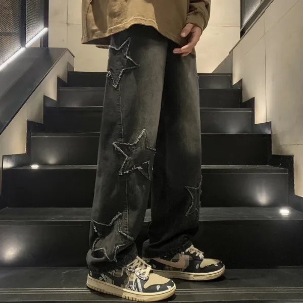 Design Star-Patch Distressed Wide-Leg Jeans with Custom Bandana Print Sneakers - 1