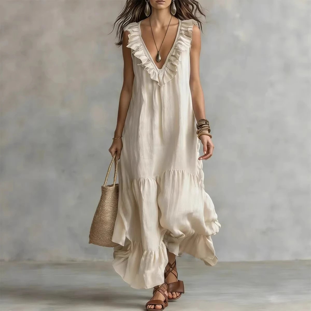 Nox Linen V-Neck Sleeveless Swing Dress - 005382
