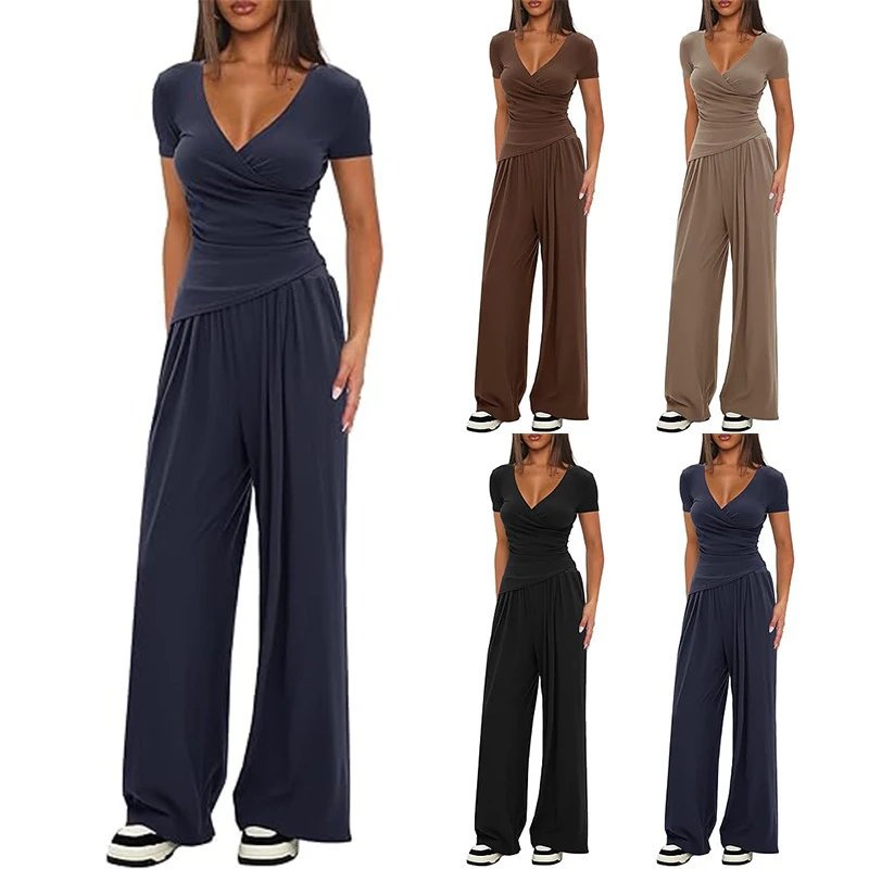 Nox V-Neck Wide-Leg Pants Set - 005397