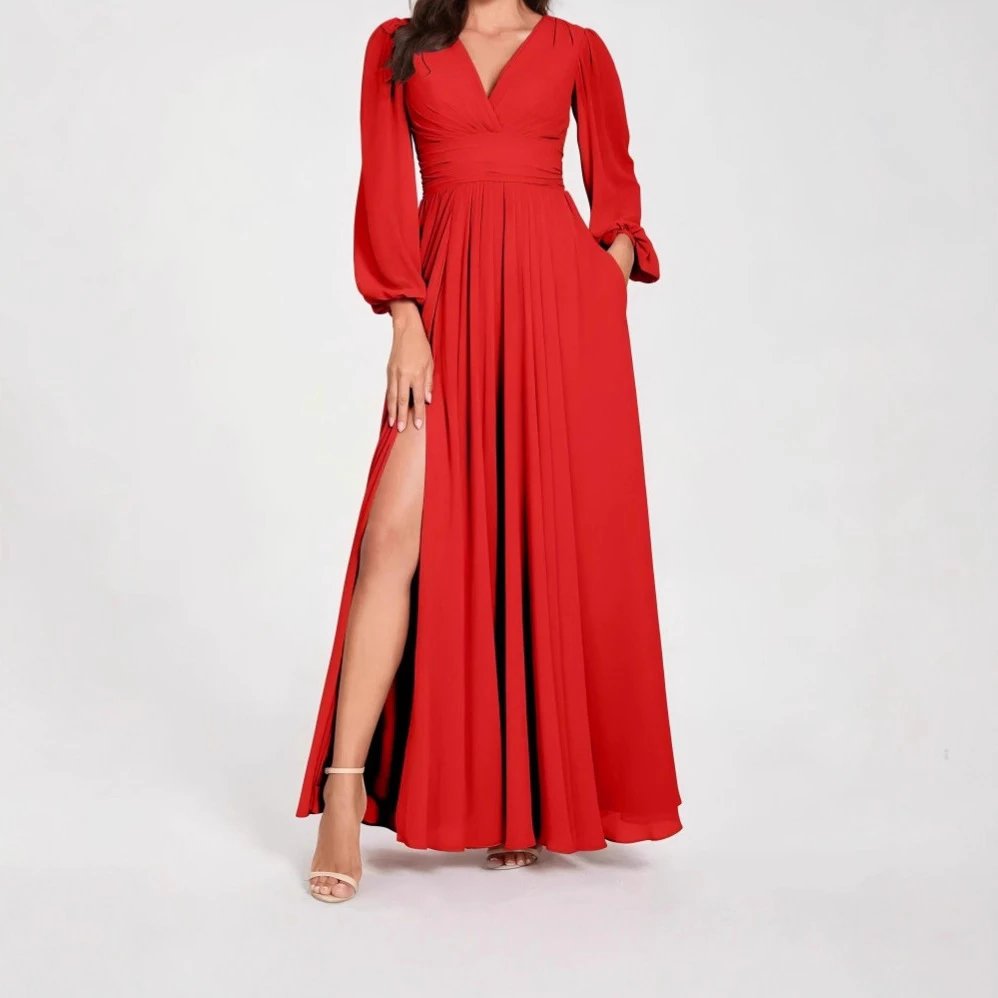 Nox Red V-Neck Split Maxi Dress - 005383