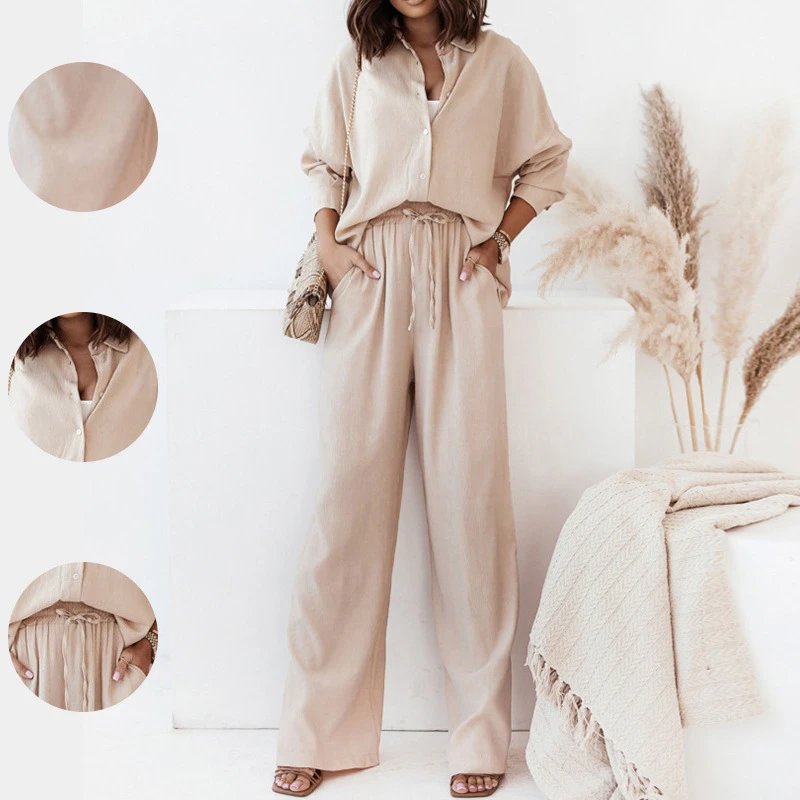 Nox NW-5402 Cream Belted Shirt Wide-Leg Pants Set - 005342