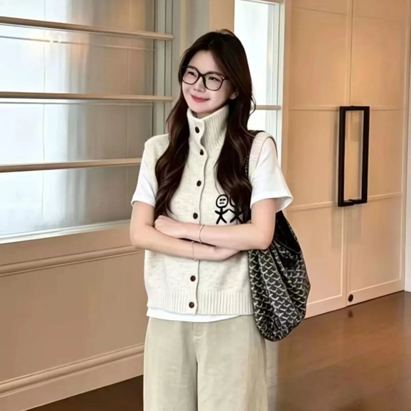 Urban SophisticationKnit Button-Up Vest Beige Casual Cardigan