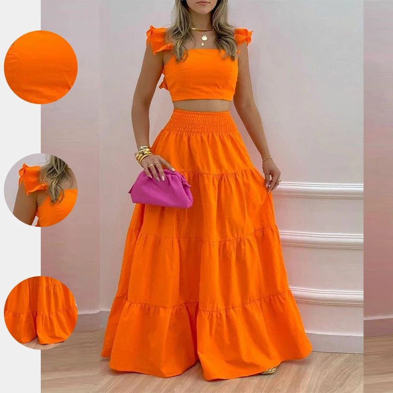 Nox NW-5391 Orange Crop Top Wide-Leg Pants Set - 005331