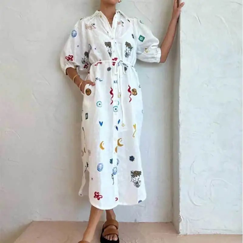 Nox NW-5398 White Printed Shirt Dress - 005338