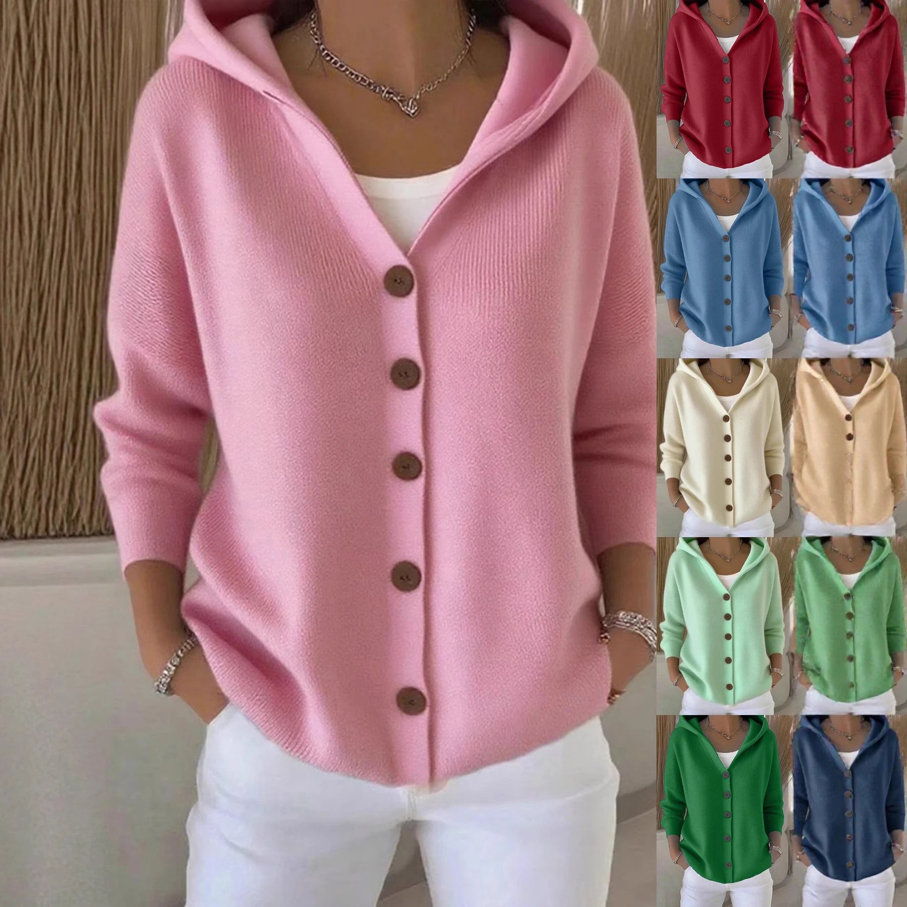 Nox Pink Hooded Button Knit Cardigan - 005352