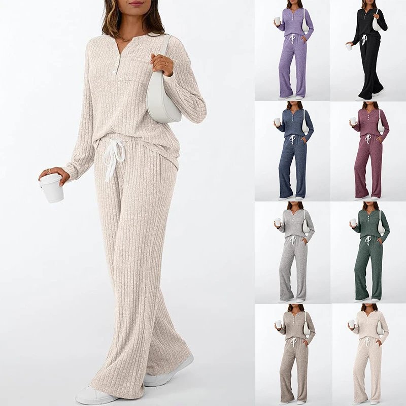 Nox Ribbed V-Neck Lounge Pants Set - 005386