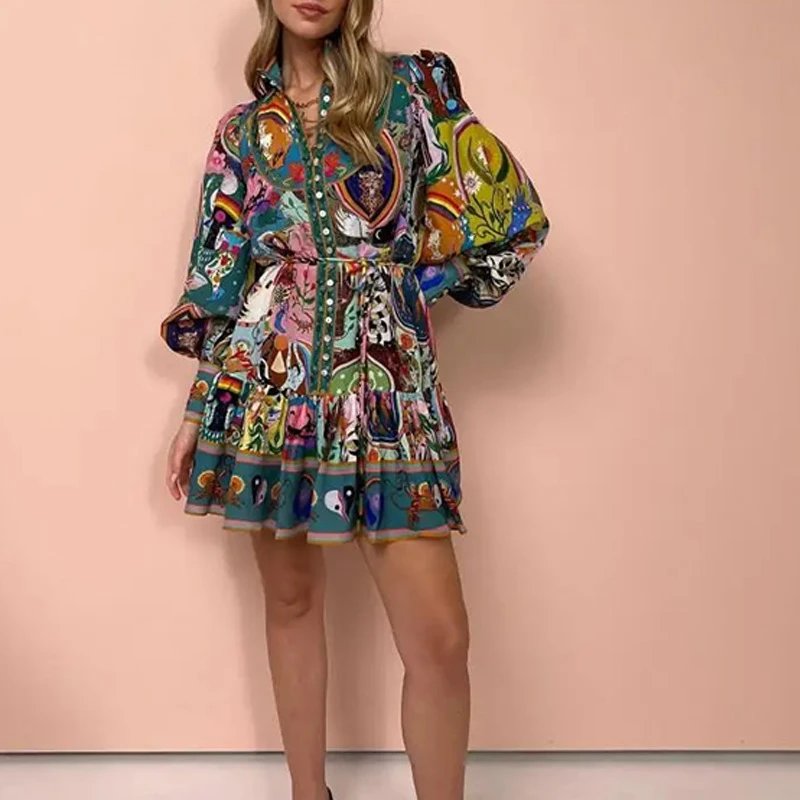 Nox NW-5390 Printed Tie-Waist Ruffle Mini Dress - 005330