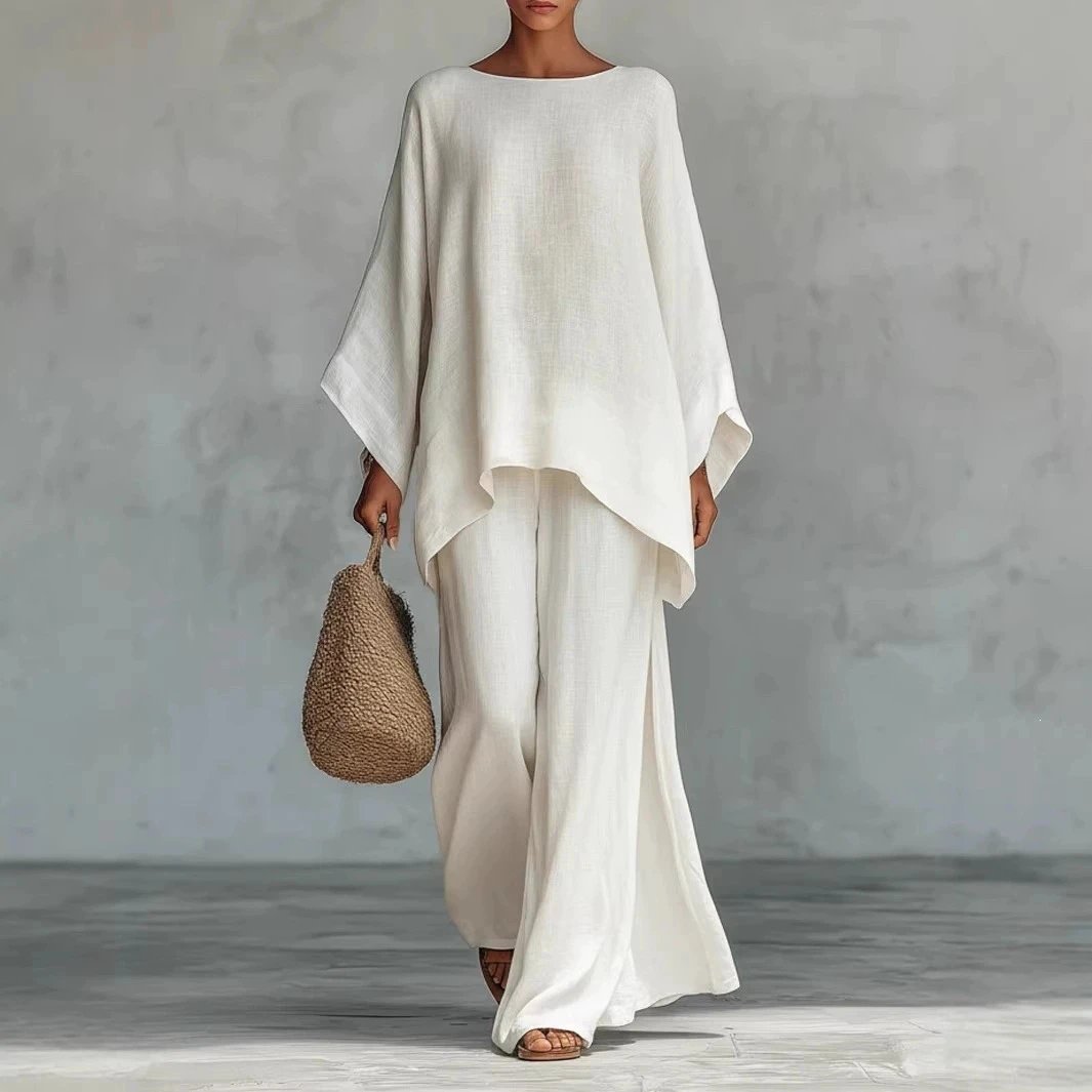 Nox Linen Blend Shirt Wide-Leg Pants Set - 005429