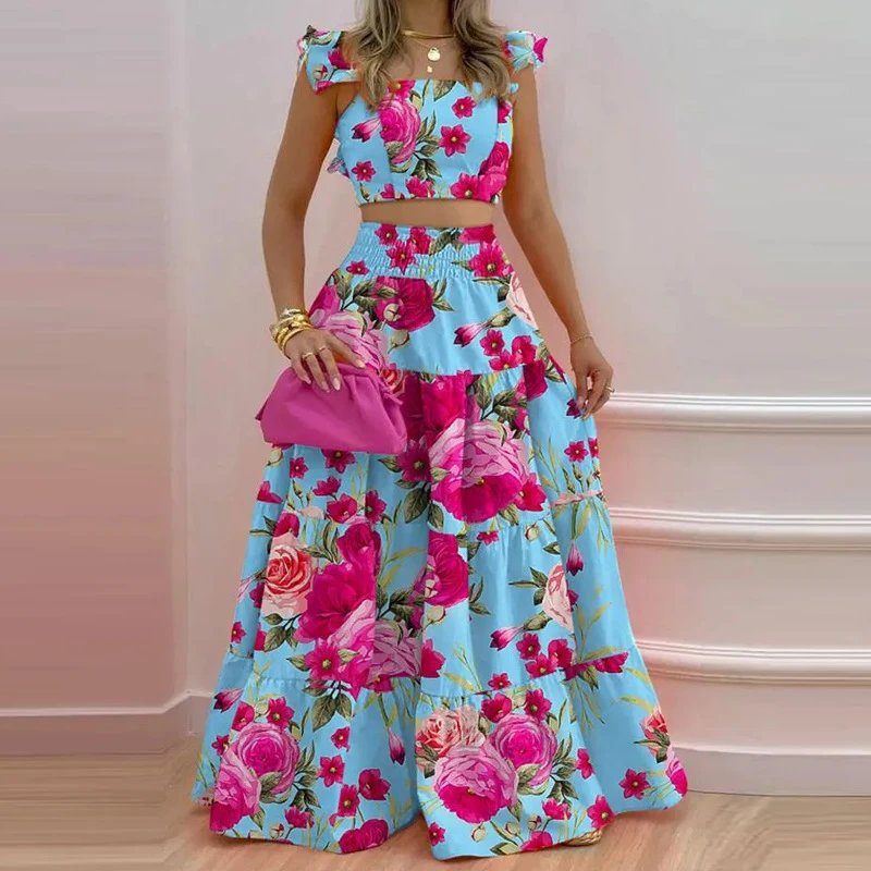 Blue background with pink flowers