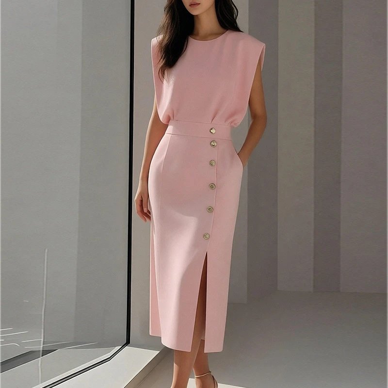 Nox Button Front Slit Bodycon Midi Dress - 005384