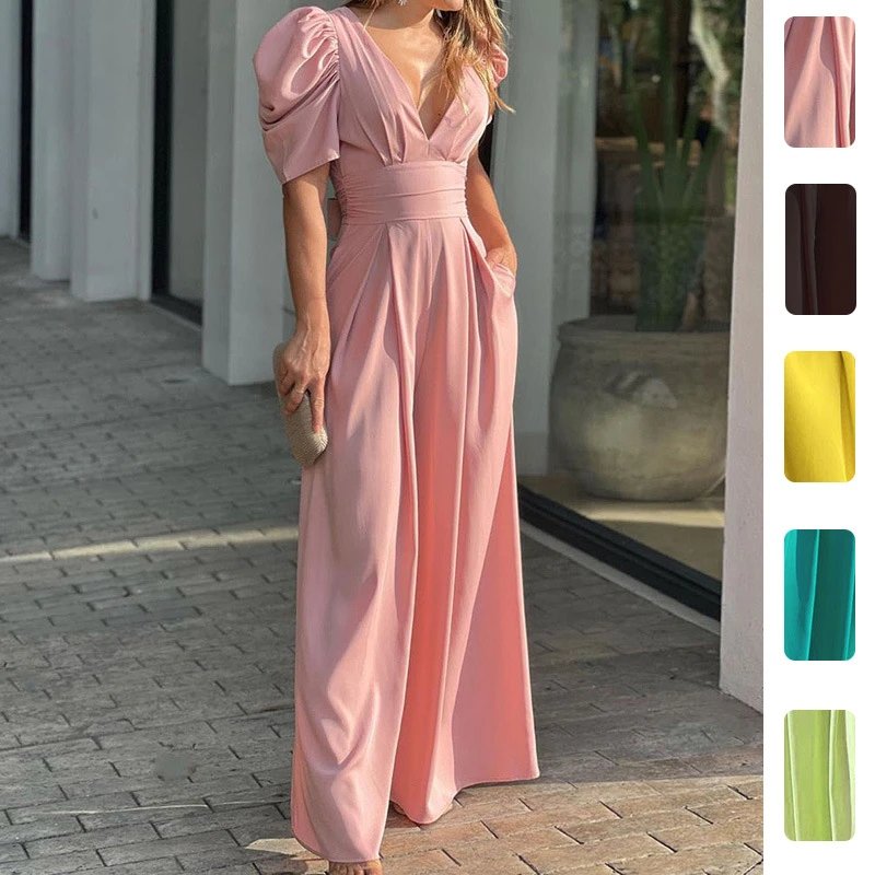 Nox NW-5383 V-Neck Pleated Wide-Leg Jumpsuit - 005323