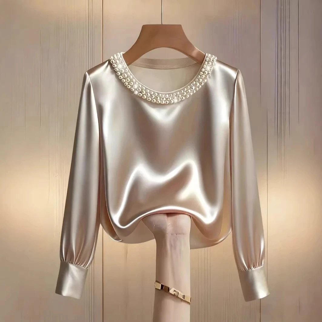 Nox Pearl Collar Satin Long-Sleeve Blouse - 005367